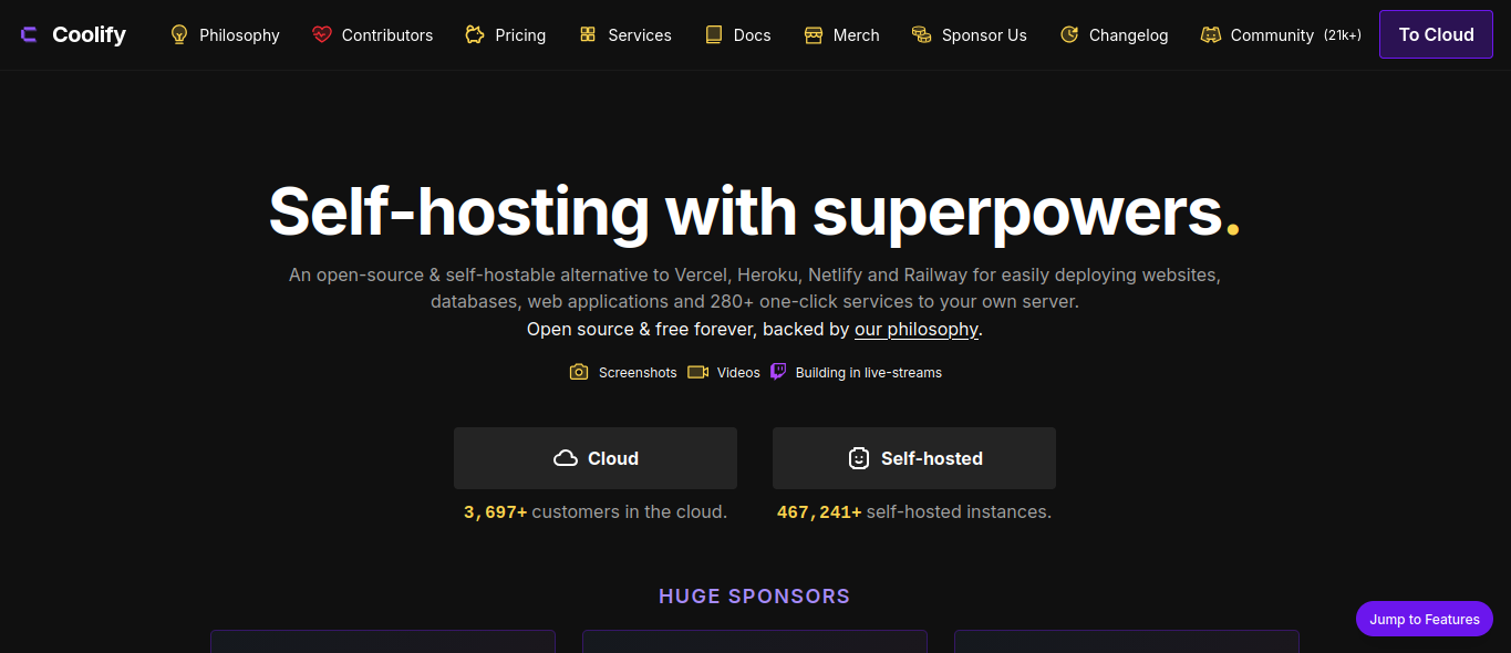 Coolify open-source self-hosting platform dashboard managing Docker application deployments on a developer VPS